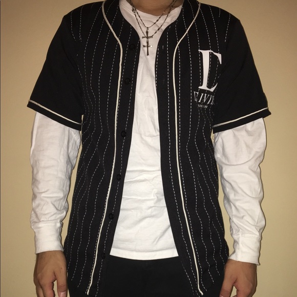 Pinstripe Black Civil Regime Baseball Jersey Top - Picture 1 of 4